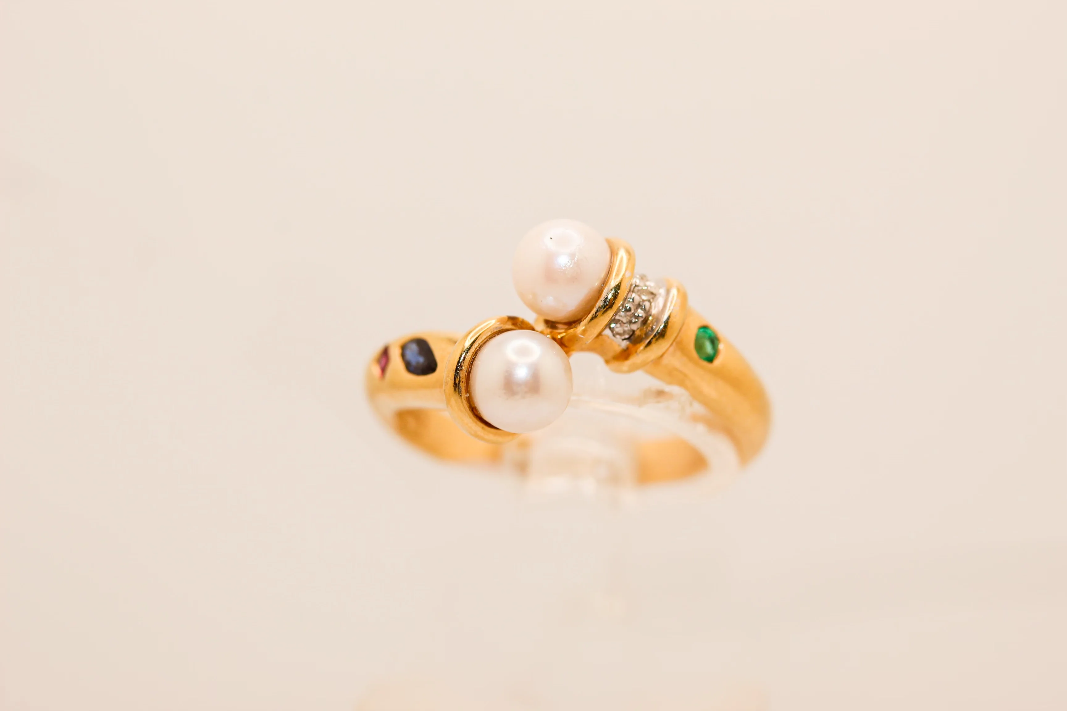 14K Gold Pearl With Ruby Sapphire Emerald And Diamond Ring