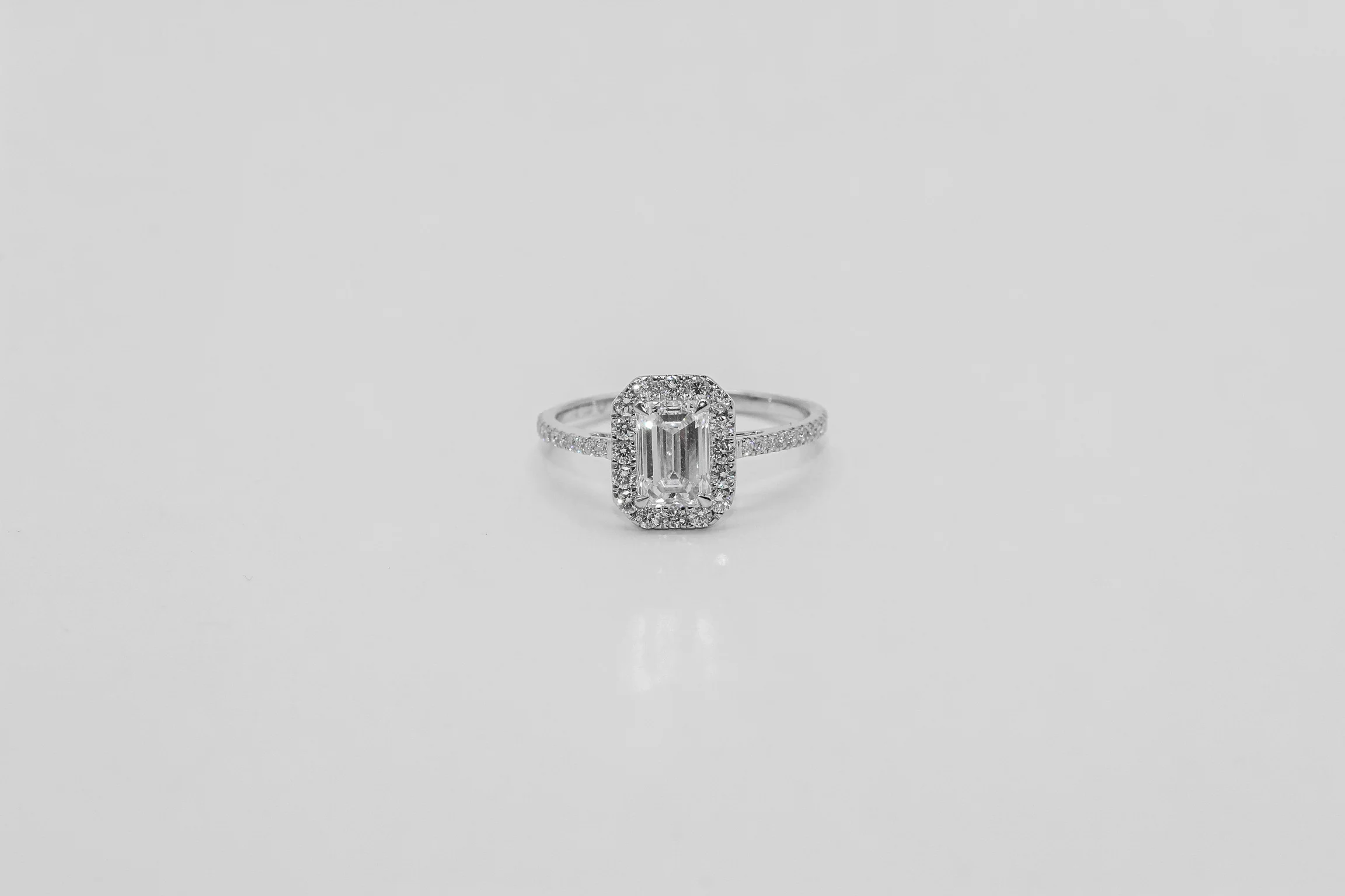 14K White Gold Emerald Cut Halo Diamond Solitaire Ring
