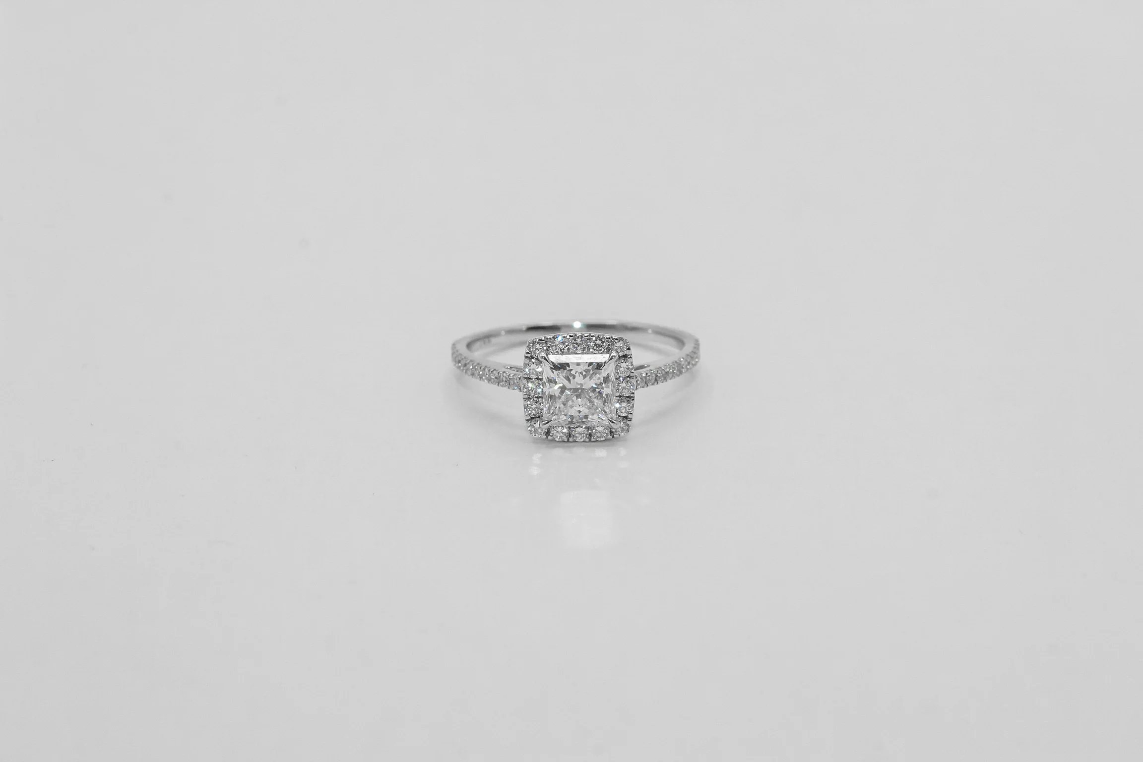 14K White Gold Princess Cut Halo Diamond Solitaire Ring